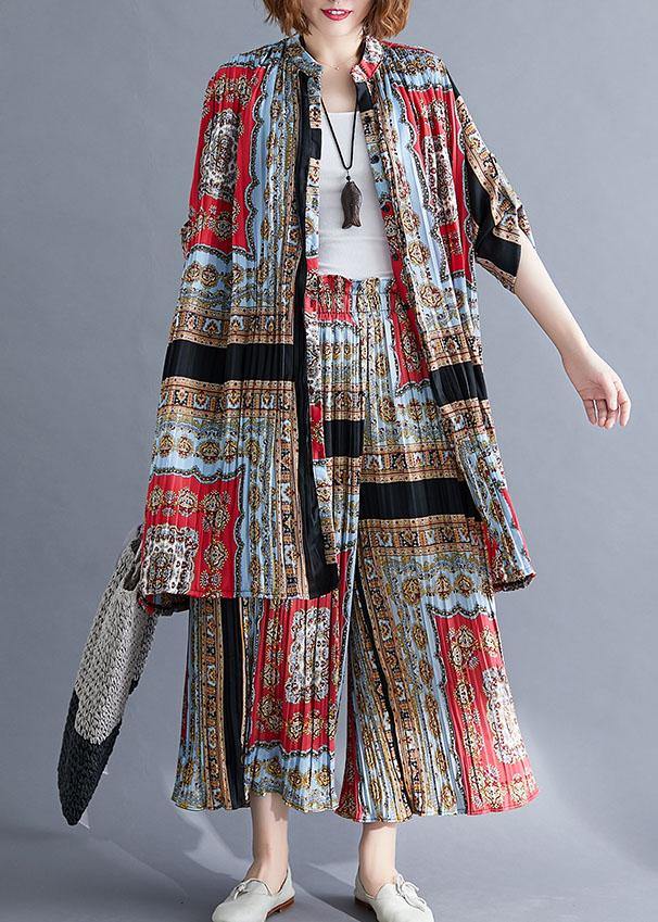 fashion casual chiffon pints shirt dresses and elastic waist wide leg pants red black prints two pieces - SooLinen