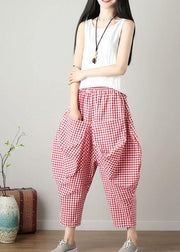 fashion casual red plaid cotton crop pants loose elastic waist pants - SooLinen