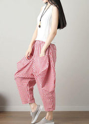 fashion casual red plaid cotton crop pants loose elastic waist pants - SooLinen