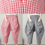 fashion casual red plaid cotton crop pants loose elastic waist pants - SooLinen