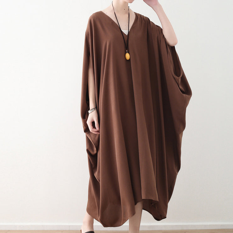 fashion chocolate natural chiffon dress plus size v neck traveling dress Elegant batwing sleeve kaftans