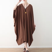 fashion chocolate natural chiffon dress plus size v neck traveling dress Elegant batwing sleeve kaftans