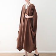 fashion chocolate natural chiffon dress plus size v neck traveling dress Elegant batwing sleeve kaftans