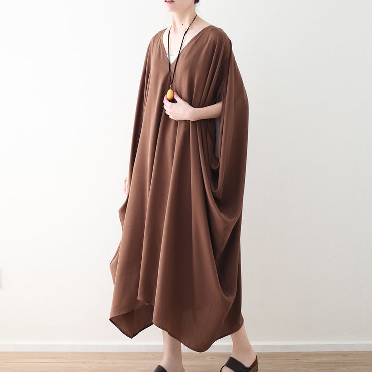 fashion chocolate natural chiffon dress plus size v neck traveling dress Elegant batwing sleeve kaftans