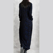 fashion dark blue Jacquard cotton blended dresses plus size V neck asymmetric linen clothing dress casual long sleeve baggy dresses