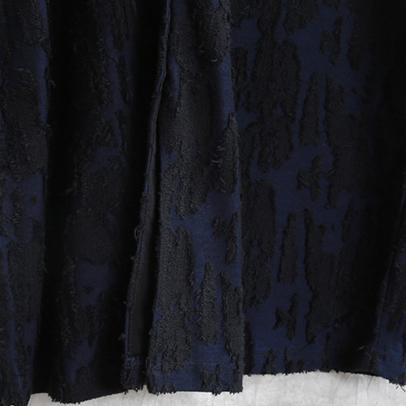 Mode dunkelblaue Jacquard-Baumwollmischkleider plus Größe V-Ausschnitt asymmetrische Leinenkleidung Kleid lässige Langarm-Baggy-Kleider