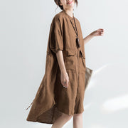 fashion khaki cotton dresses plus size cotton dress women half sleeve Stand cotton dress