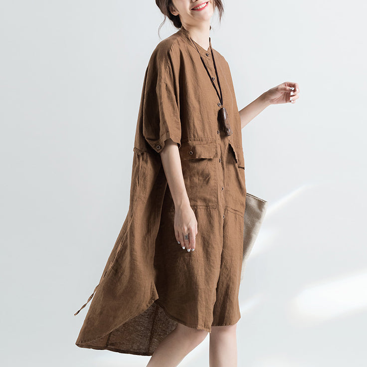 fashion khaki cotton dresses plus size cotton dress women half sleeve Stand cotton dress