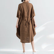 fashion khaki cotton dresses plus size cotton dress women half sleeve Stand cotton dress