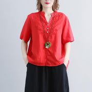 fashion linen blouse oversize Retro Short Sleeve Embroidery High-low Hem Red Tops