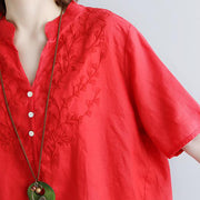 fashion linen blouse oversize Retro Short Sleeve Embroidery High-low Hem Red Tops