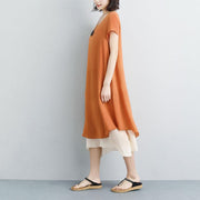 fashion linen sundress plus size False Two-piece Short Sleeve Orange Plain Dress