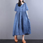 fashion long linen dresses oversize Loose Lacing Ramie Short Sleeve Blue Pleated Dress