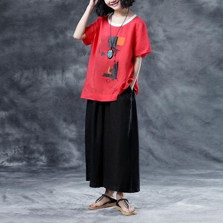 fashion natural cotton linen t shirt oversize Summer Short Sleeve Loose Red Casual Shirts