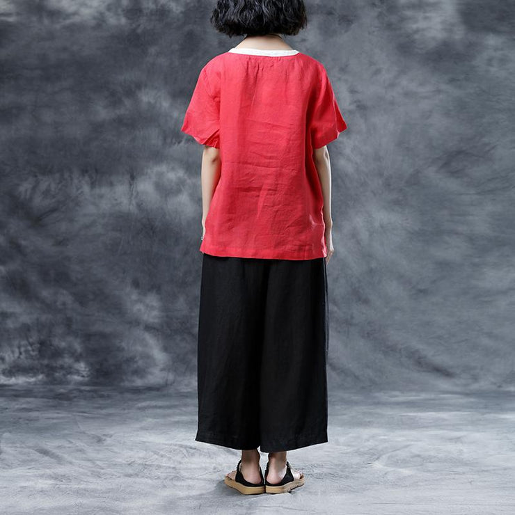 fashion natural cotton linen t shirt oversize Summer Short Sleeve Loose Red Casual Shirts