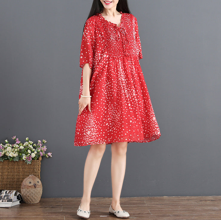 fashion red chiffon sundress V neck half sleeve party dress dotted baggy dresses drawstring summer dress