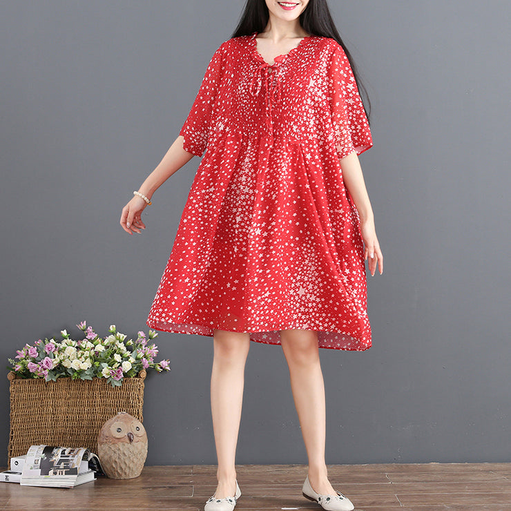 fashion red chiffon sundress V neck half sleeve party dress dotted baggy dresses drawstring summer dress