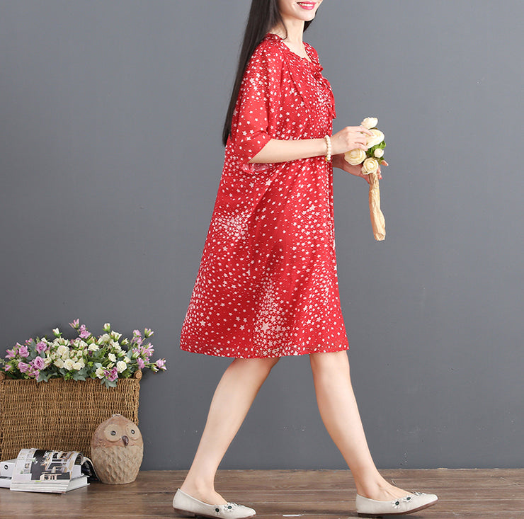 fashion red chiffon sundress V neck half sleeve party dress dotted baggy dresses drawstring summer dress