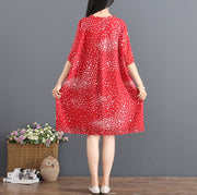 fashion red chiffon sundress V neck half sleeve party dress dotted baggy dresses drawstring summer dress