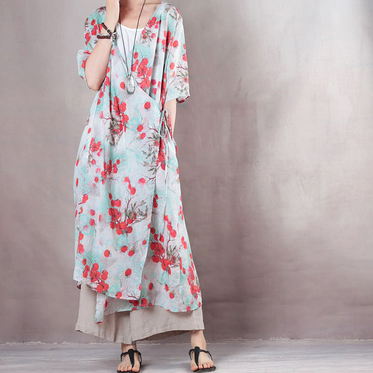 fashion red floral linen caftans casual v neck linen maxi dress Fine half sleeve tie waist caftans