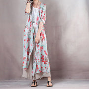 fashion red floral linen caftans casual v neck linen maxi dress Fine half sleeve tie waist caftans