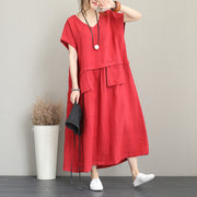 fashion red long linen dress Loose fitting v neck linen clothing dress women two big pockets maxi dresses