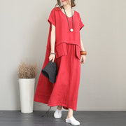 fashion red long linen dress Loose fitting v neck linen clothing dress women two big pockets maxi dresses