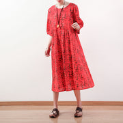 fashion red prints long linen dress casual half sleeve linen clothing dresses women o neck kaftans