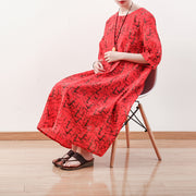 fashion red prints long linen dress casual half sleeve linen clothing dresses women o neck kaftans