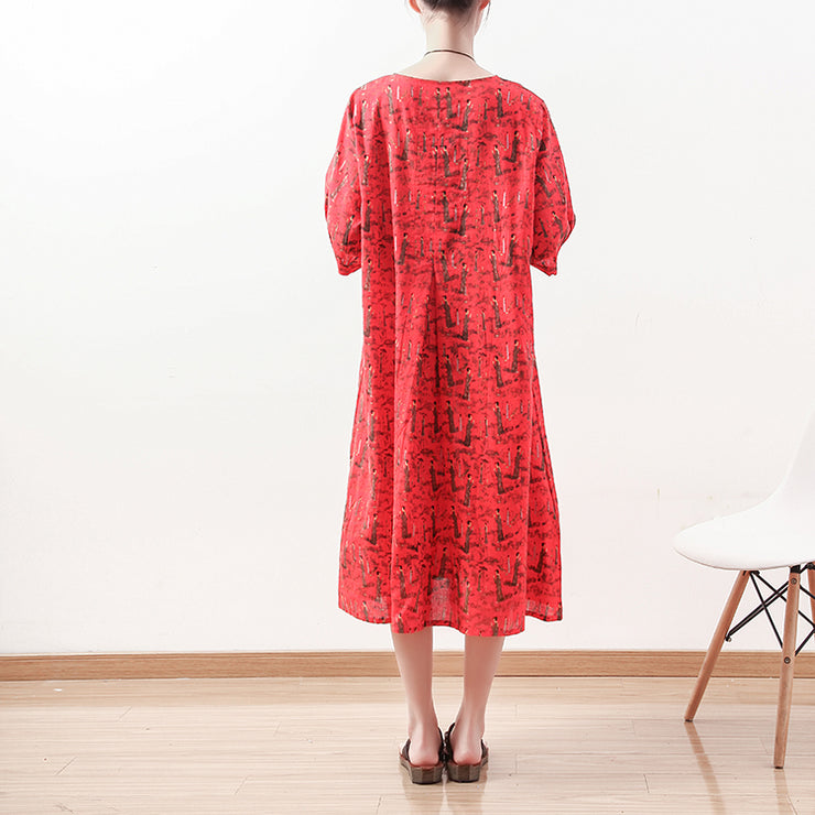 fashion red prints long linen dress casual half sleeve linen clothing dresses women o neck kaftans