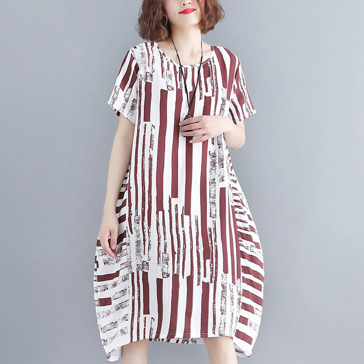 fashion red pure cotton blended dress plus size holiday dresses women short sleeve Geometric O neck asymmetric cotton blended clothing