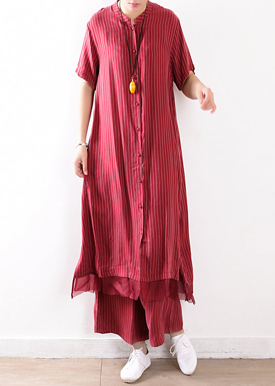 fashion red striped casual silk shirt dress and elastic waist wide leg pants two pieces