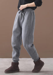 fashion warm winter cotton gray pant loose patchwork drawstring elastic waist casual pants - SooLinen