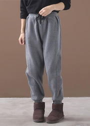 fashion warm winter cotton gray pant loose patchwork drawstring elastic waist casual pants - SooLinen