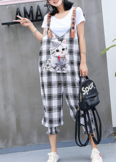 fashion women casual cotton plaid jumpsuit pants plus size cartoon print strap pants - SooLinen