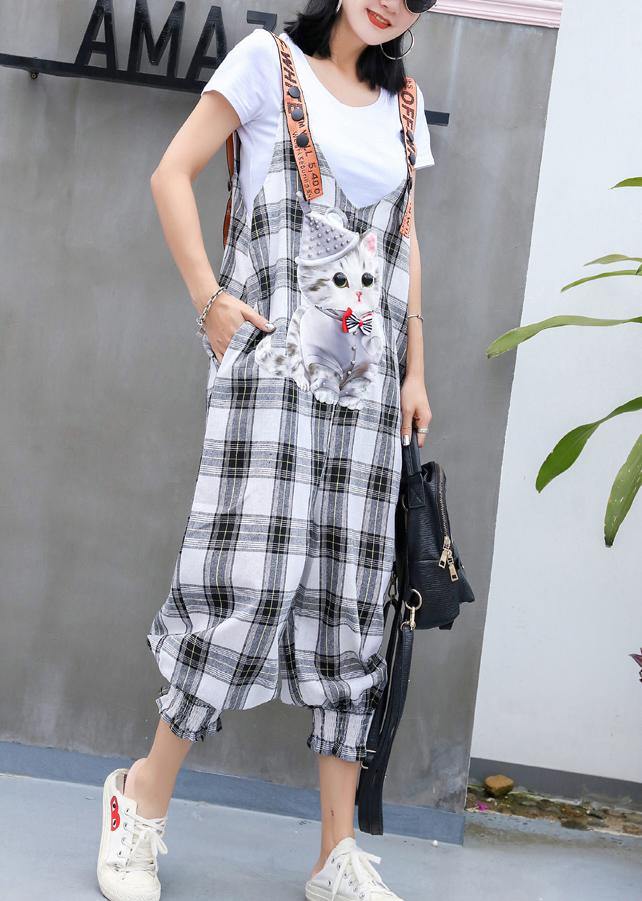 fashion women casual cotton plaid jumpsuit pants plus size cartoon print strap pants - SooLinen