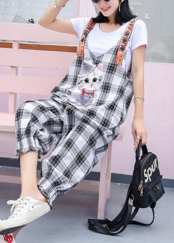 fashion women casual cotton plaid jumpsuit pants plus size cartoon print strap pants - SooLinen