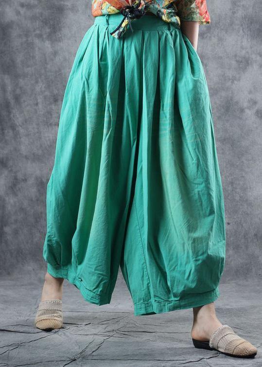 fashion women cotton green crop pants plus size elastic waist wide leg pants - SooLinen