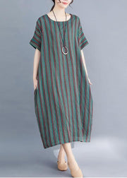 fashion women green striped o neck summer dress - SooLinen