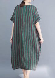 fashion women green striped o neck summer dress - SooLinen