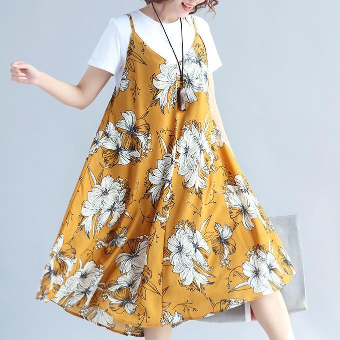 fashion yellow prints Midi-length chiffon sleeveless dress plus size traveling dress and cotton tops casual two pieces