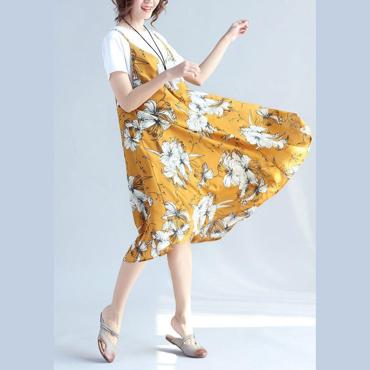 fashion yellow prints Midi-length chiffon sleeveless dress plus size traveling dress and cotton tops casual two pieces