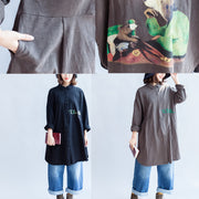 gray autumn back print cotton shirts oversize front embroidery alphabet lapel blouse