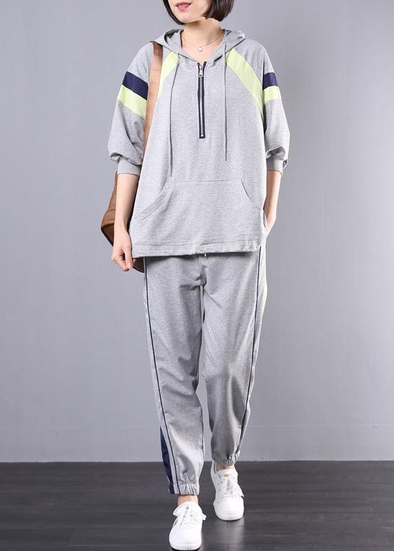 gray cotton casual two pieces hooded plus size top and elastic waist pants - SooLinen