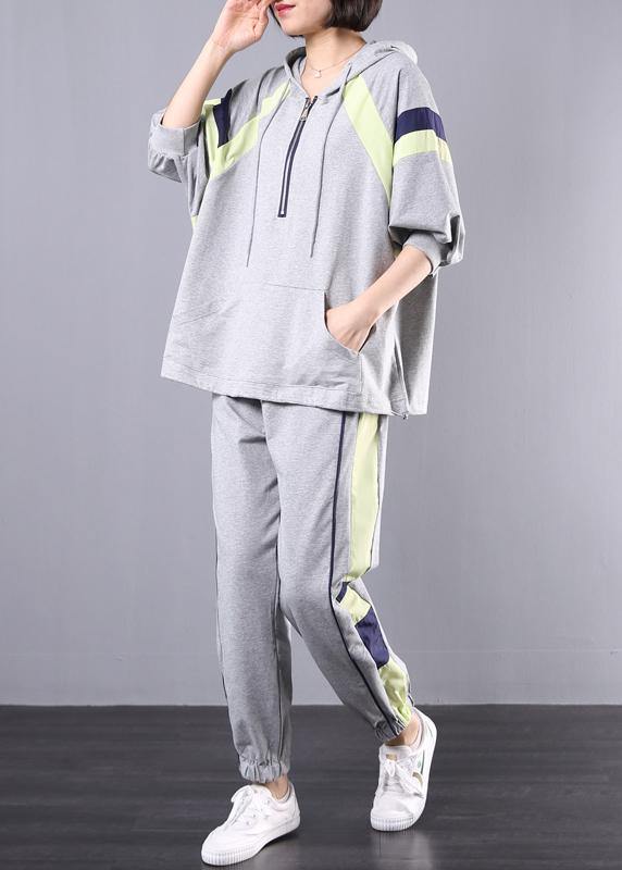 gray cotton casual two pieces hooded plus size top and elastic waist pants - SooLinen