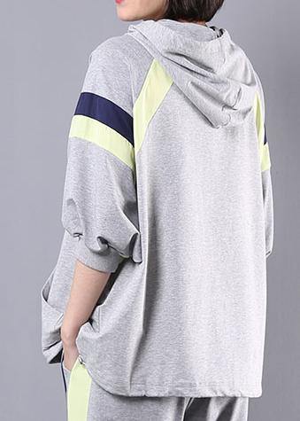 gray cotton casual two pieces hooded plus size top and elastic waist pants - SooLinen