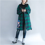 green grid cartoon prints cotton coats oversize hooded warm long sleeve long outwear