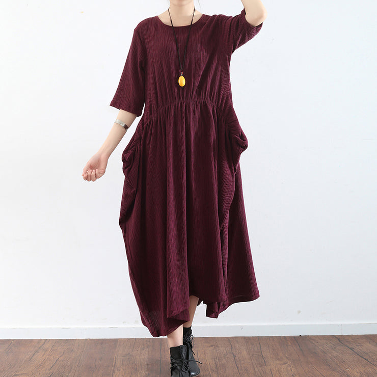 half sleeve burgundy baggy plus size dress pleated silk dresses long silk maxi dress tunic gown