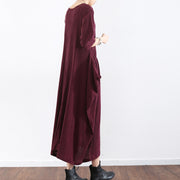 half sleeve burgundy baggy plus size dress pleated silk dresses long silk maxi dress tunic gown