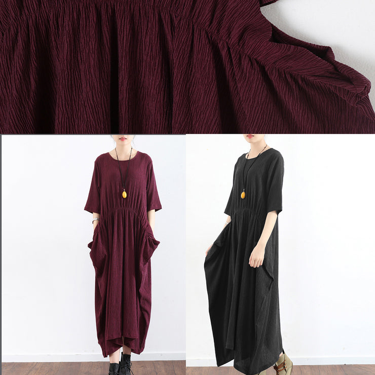 half sleeve burgundy baggy plus size dress pleated silk dresses long silk maxi dress tunic gown